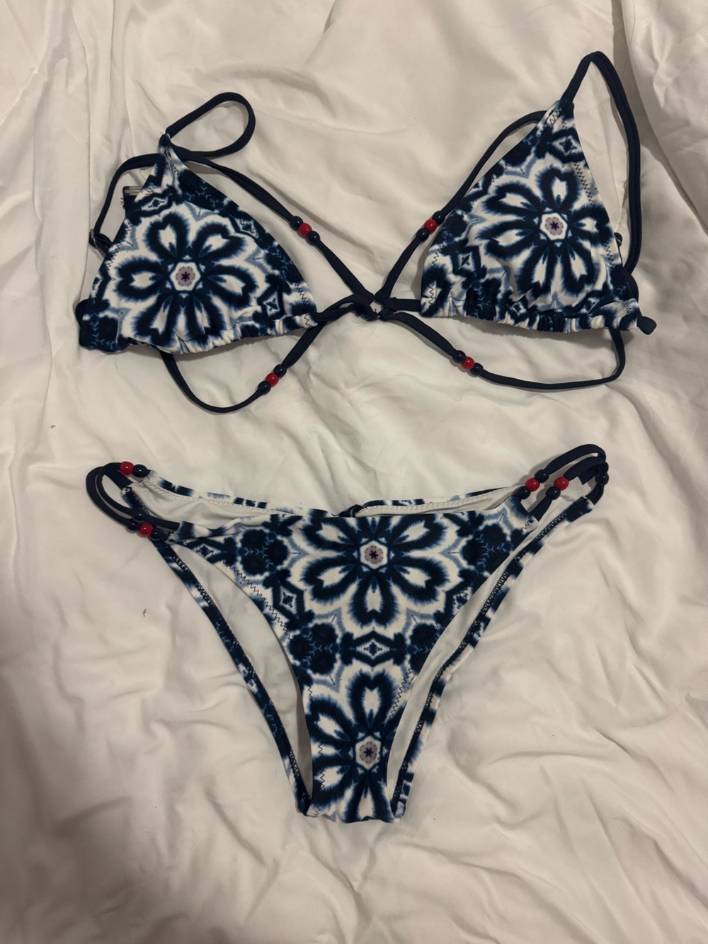 CUPSHE Navy Blue & White Floral Tie-Dye Bikini Set with Red Bead Accents
